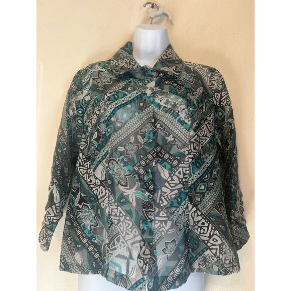 Erin London women's size Small sheer button-up blouse Teal-Black-ETC boho style - Picture 4 of 12